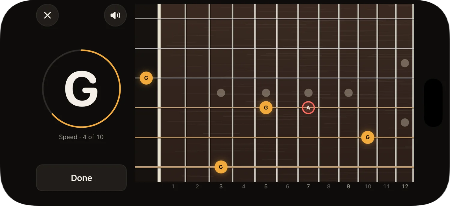 A guitar neck with four G notes found and one wrong tap marked as A