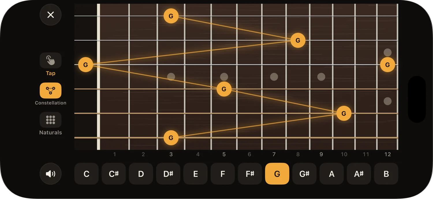 Explore screen showing the G shape and a picker for all twelve notes