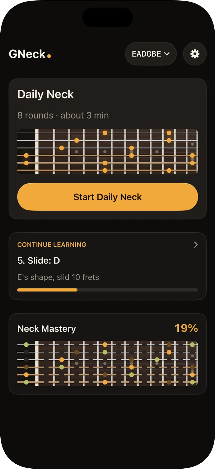 Home screen with the Daily Neck button and a progress card