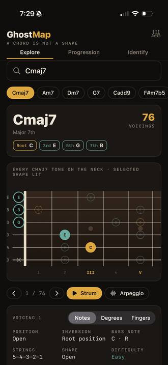 The ghost map: every position of a chord's tones, with one voicing highlighted