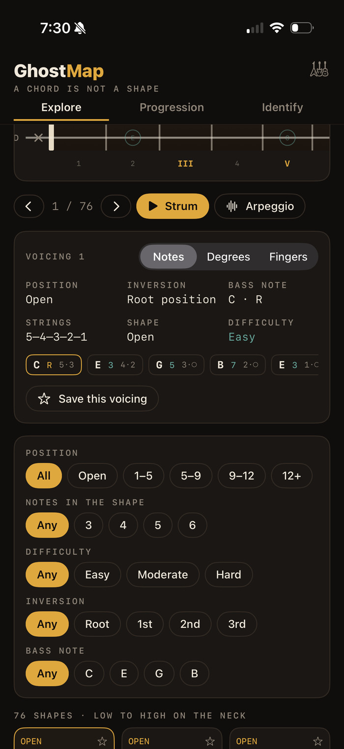 FretNinja showing a chord's tones across the fretboard