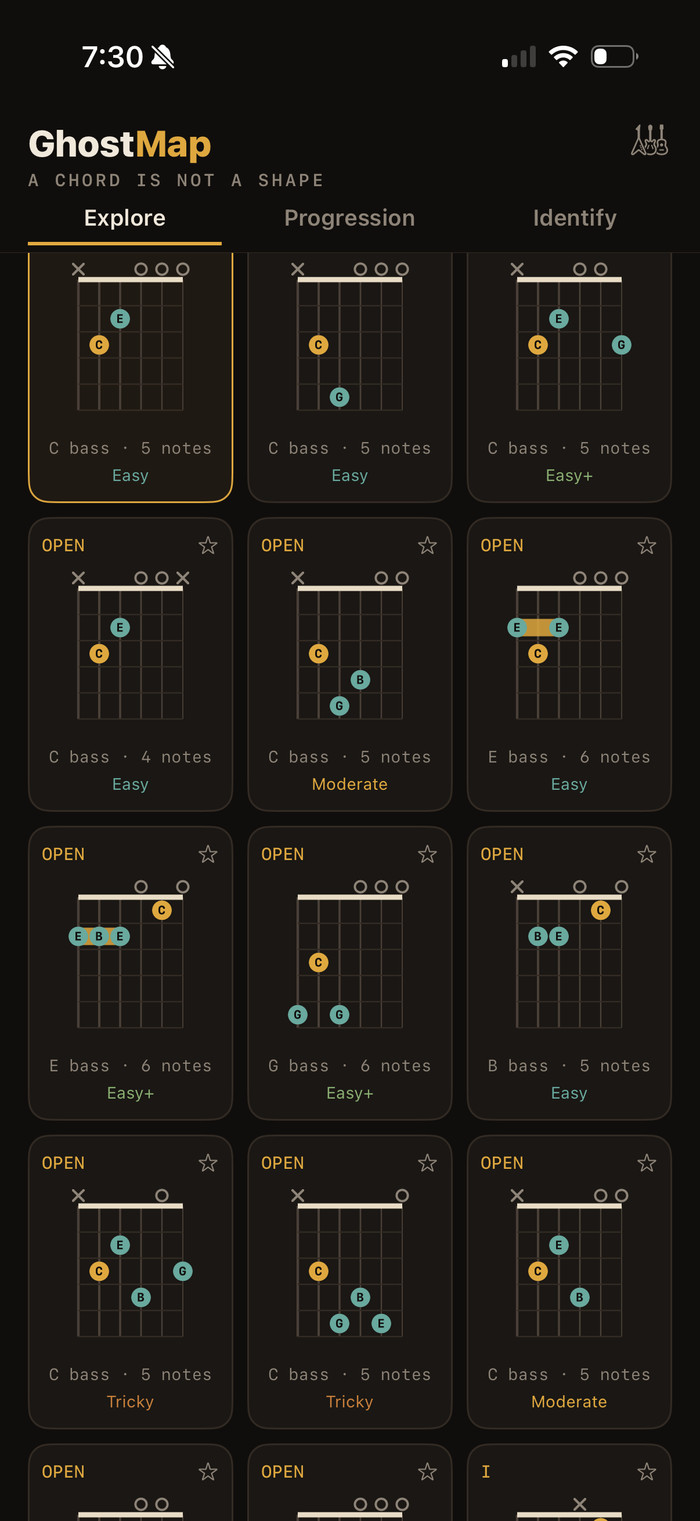 A list of playable voicings for a chord
