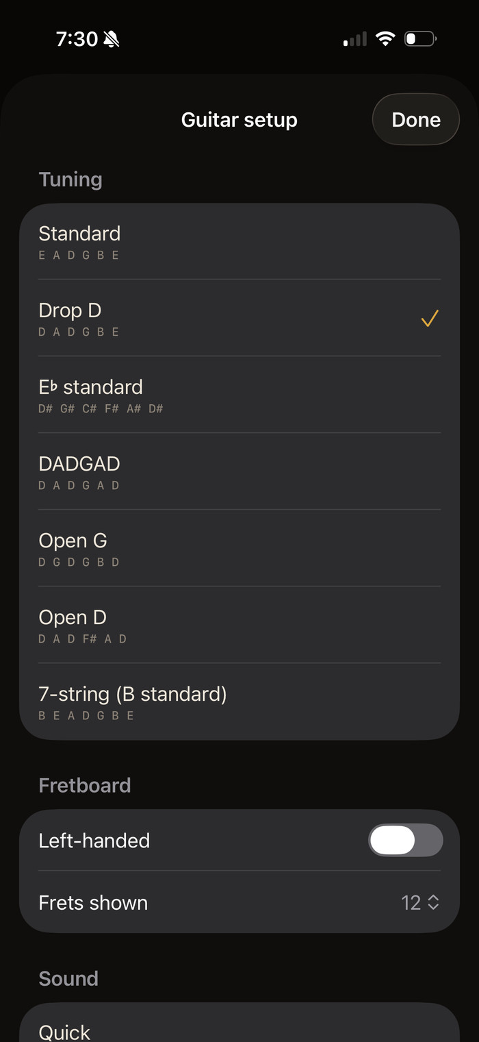 Instrument settings for tuning, handedness and fret count