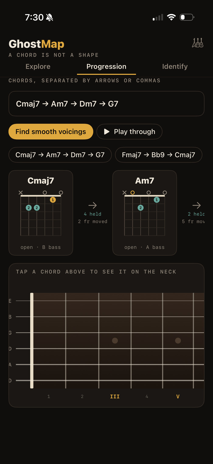A chord progression with voicings chosen for smooth voice leading